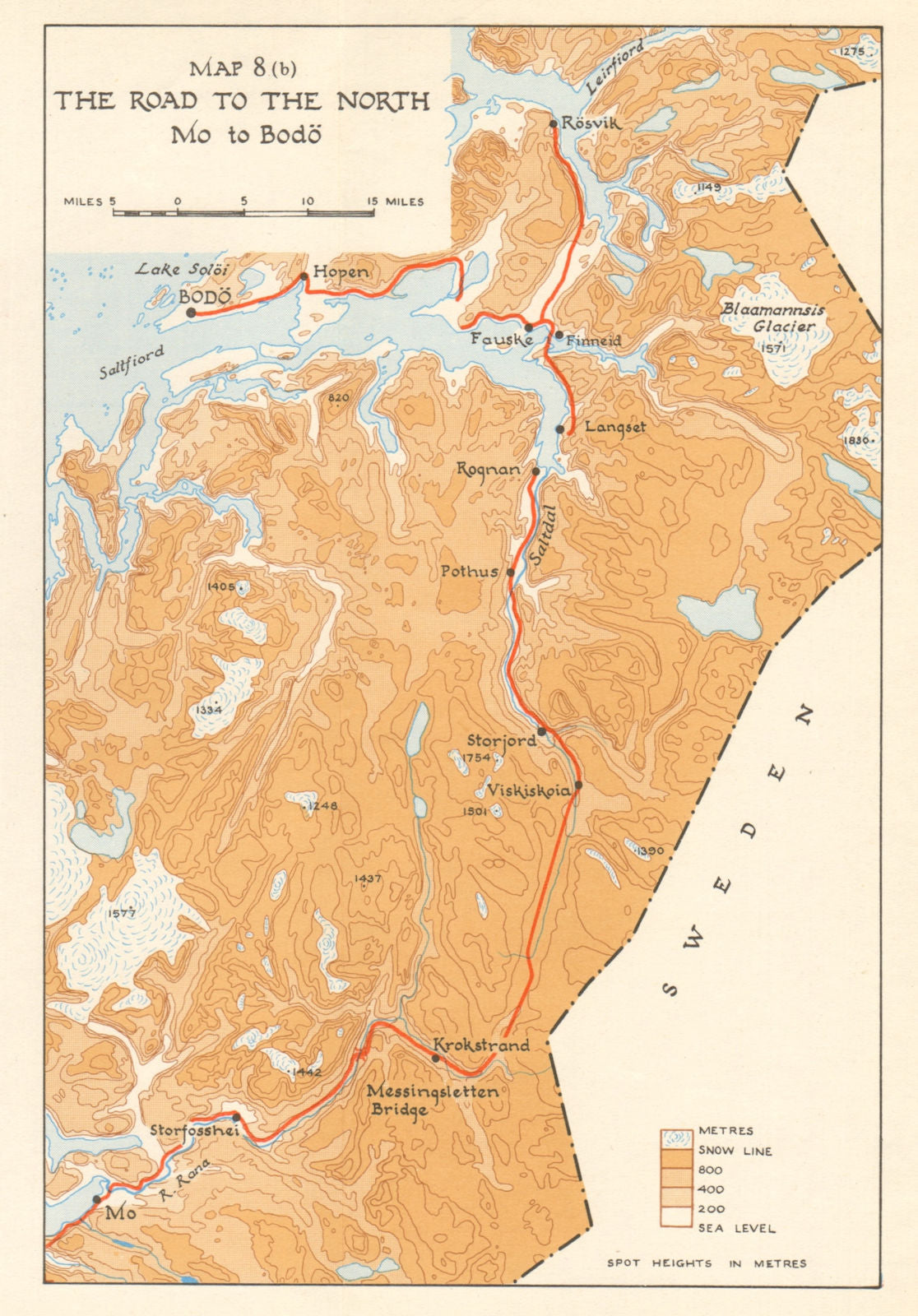 World War 2 Norway Campaign. Road from Mo to Bodo 1940. German Invasion 1952 map